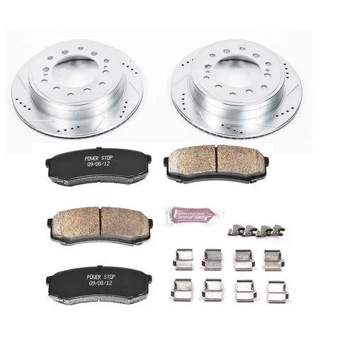 PowerStop rear brake kit: two drilled/slotted rotors and four ceramic pads with hardware; for GX460, 4Runner, FJ Cruiser.