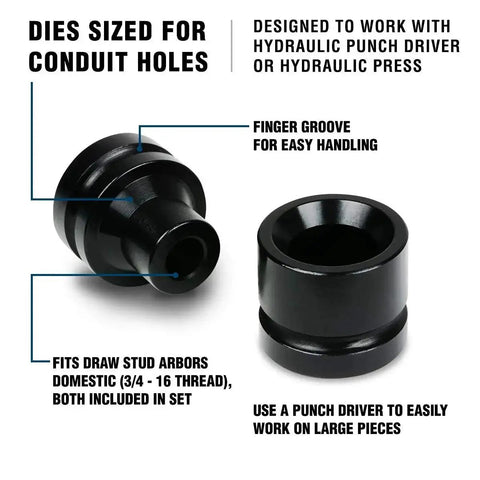 6-Piece Dimple Die Set Tool Kit For Conduit Knockouts with hydraulic punch driver compatibility, finger groove, sized for conduit holes