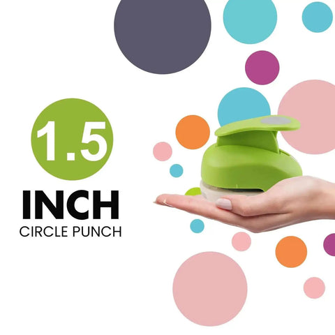 Hand holding green 1.5 Inch Circle Punch with Lever Handle for Clean Even Circles Every Time Perfect For Gift Tags and DIY Projects