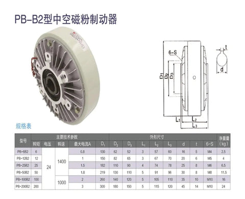 PB-B2 hollow-shaft magnetic powder brake, front view with white housing, finned gray body and mounting tabs