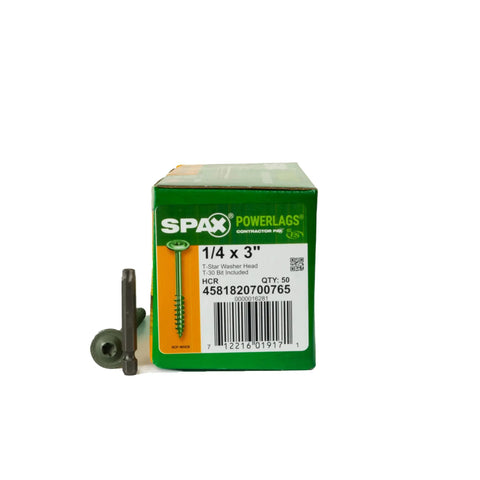 Exterior Washer Head Structural Wood Lag Screws One Quarter Inch By Three Inch With Torx T Star Bit Included Heavy Duty Rust Resistant Powerlags SPAX Brand For Superior Draw Down Without a Separate Washer Ideal For Outdoor Decking Timber Fastening box and screw