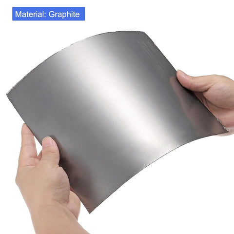 PATIKIL graphite foil gasket sheet; flexible, 250x200x0.6mm, metallic gray, held in hands
