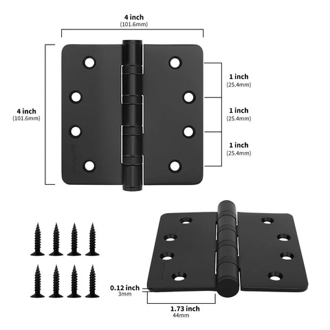 Door hinges: black 4-inch ball bearing hinge set, 3-pack with screws, interior/exterior use, 1/4 inch radius