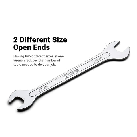 Open end wrench with two different size ends, marked 22mm and 24mm, shown on a white background.