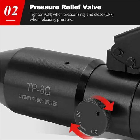 Close-up of the rotary punch driver with pressure relief valve for knockout punch kit for electrical conduit hole cutter set.