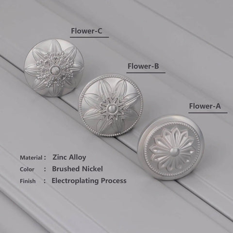 Close-up of 4 Pack Brushed Nickel Cabinet Hardware Knobs, 1.4 Inch Round Drawer Pulls for Cabinets and Dressers, Zinc Alloy Construction