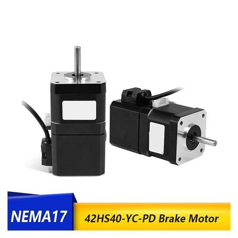Front and side view of brake stepper motor, 12V, 4-lead, 40Ncm, 42HS40-YC-PD, black housing with silver shaft