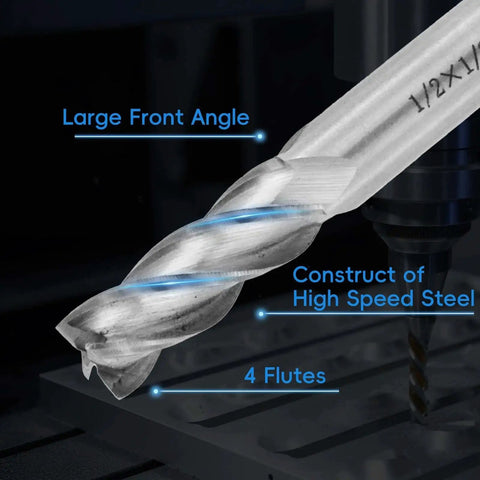 Close-up of Square End Mill Set 1/2 Inch Cutting Diameter 1/2 Inch Shank 4 Flute Straight End Mills HSS showing 4 flutes.