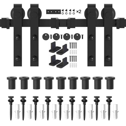 Heavy Duty Black Barn Door Hardware Kit For Double Sliding Doors 12 Ft Carbon Steel J Shape Track Easy Install components shown