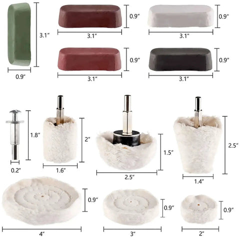 12 Piece All-In-One Pro Grade Buffing Pad Polishing Wheel Kit With Rouge Compounds And One Quarter Inch Shank, various heads