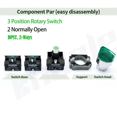 10 Amp 3 Position Rotary Switch With Green LED Light components including bases, support, and switch head, 22mm mounting.