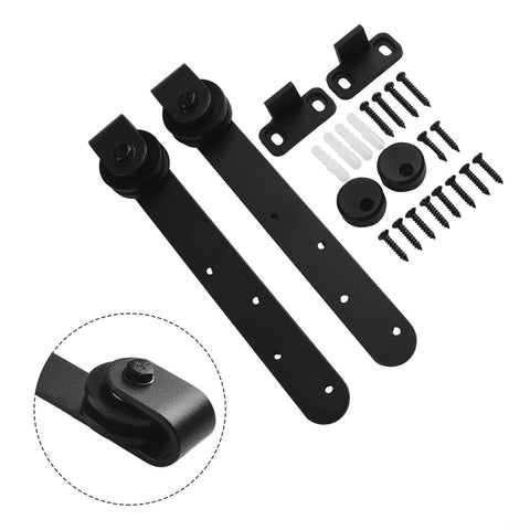 Experience ultra smooth, quiet sliding with a heavy duty barn door hardware kit for cabinet doors, black metal hangers and screws visible