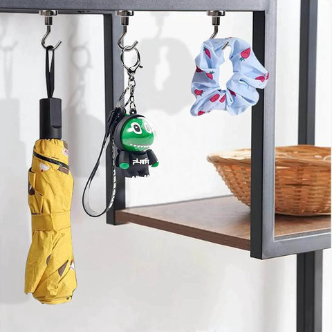 30 Pcs Super Strong Magnetic Hooks 25 Lbs Heavy Duty Magnetic Hooks For Hanging Rare Earth Neodymium Magnets Ideal For Cruise Ship Camping Kitchen Fridge Garage Wall Mounting Great For Kitchens Racks Garages Boats Campers And More; hooks holding umbrella, keychain, and scrunchie under shelf