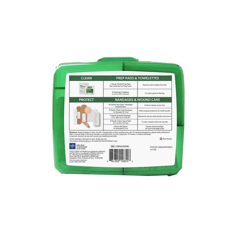 Back view of green compact 75 item first aid kit with zippered soft case, refillable travel ready for car, backpack, or home use.