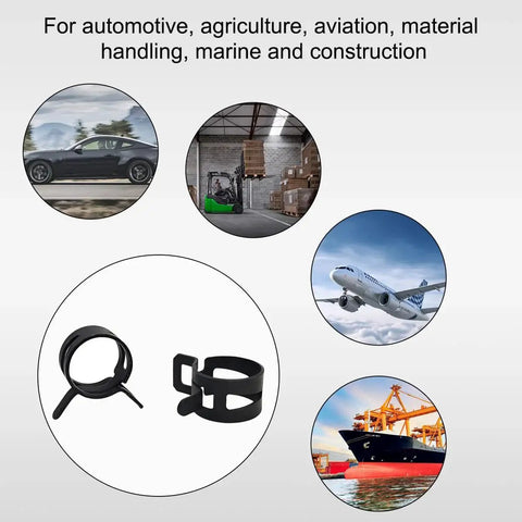 Collage showcasing uses for twenty pack spring band hose clamps for three eighths inch ID hoses in automotive and marine.