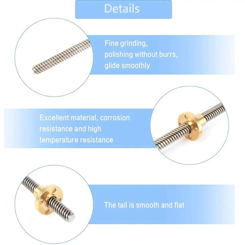 Close-up of 2 Pack T8 Lead Screws 300mm Long, 8mm Dia Stainless Steel Threaded Rods With Copper Nut, details of smooth finish and resistance
