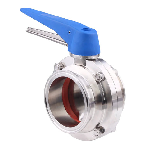 Butterfly valve with blue trigger handle, 3-inch Clover tri-clamp, stainless steel 304 body.