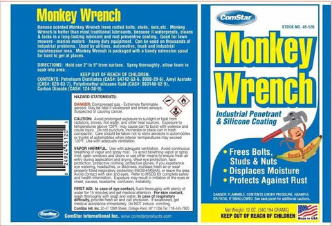 Label of Monkey Wrench industrial lubricant can detailing features such as freeing rusted bolts, displacing water, and protecting metal.