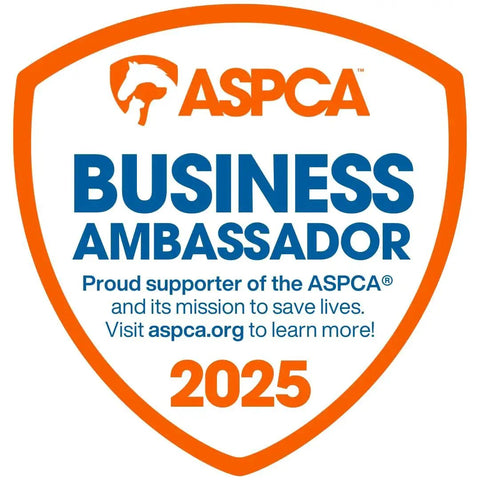 ASPCA Business Ambassador badge with text about supporting the ASPCA's mission in 2025.