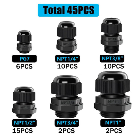 45 Piece Cord Grip Cable Glands Kit Waterproof Adjustable NPT Glands with PG7 PA66 Nylon Strain Relief Connectors and Gaskets