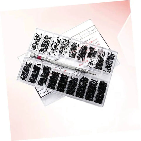 Two Piece Miniature Screw Set With 18 Different Sizes Flat Head And Round Head Tiny Screws For Glasses And Crafts Grab And Go Portable Storage Case For Diyers Lightweight Quick Access Kit displayed in open transparent case.