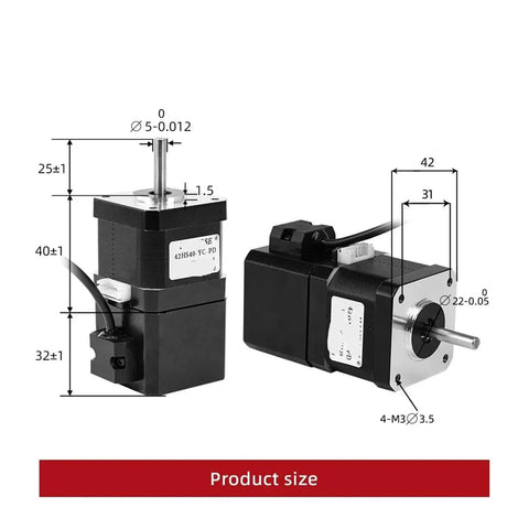 Two AVXANKTG 42HS40-YC-PD permanent magnet brake stepper motors, 12V, 4-lead, NEMA17, 40 N·cm torque, front and side views.