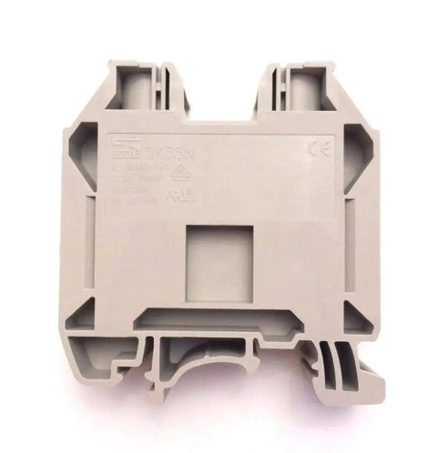 Front view of DK35N DIN Rail Terminal Block Screw Type UL 600V 150A One Zero To Twelve AWG Pack Of 5, compact and grey.