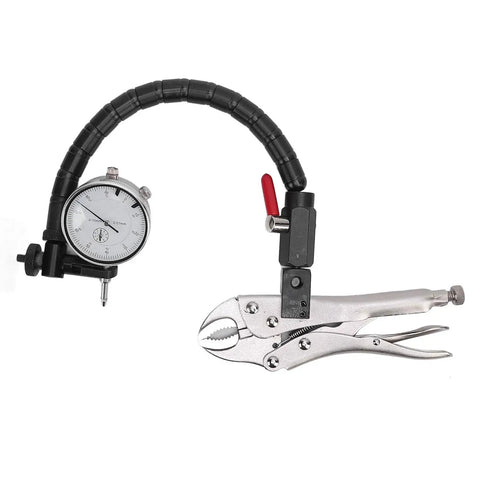Two-piece dial indicator kit with 360-degree flexible arm and locking plier clamp for brake disc flatness measurement