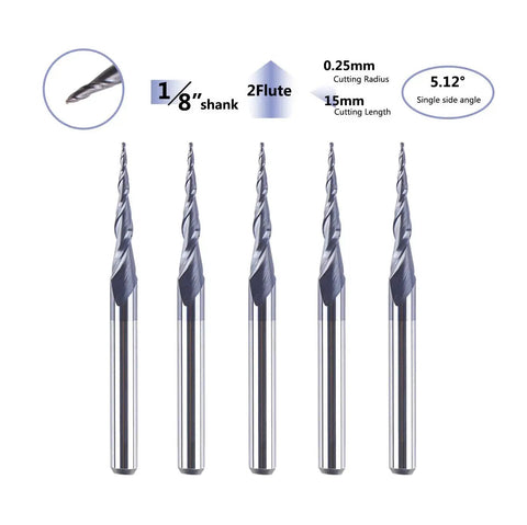 Tapered Ball Nose End Mill Set for 3D Wood Carving and CNC Router Projects, One Eighth Inch Shank, 0.25mm Radius, TiAIN Coated