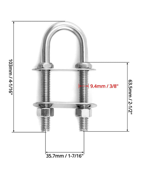 Marine Boat Stern Eye Tie Down U Bolt Kit 2 Pack Three Eighths Inch Diameter Two And A Half Inch Thread Length, includes bolts and nuts