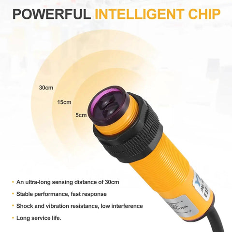 Workhorse Diffuse Photoelectric Sensor M18 30cm Range yellow sensor with intelligent chip and sensing distance indicators