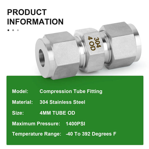 Compression tube fitting, 304 stainless steel straight adapter for 4mm tube OD to 4mm OD.