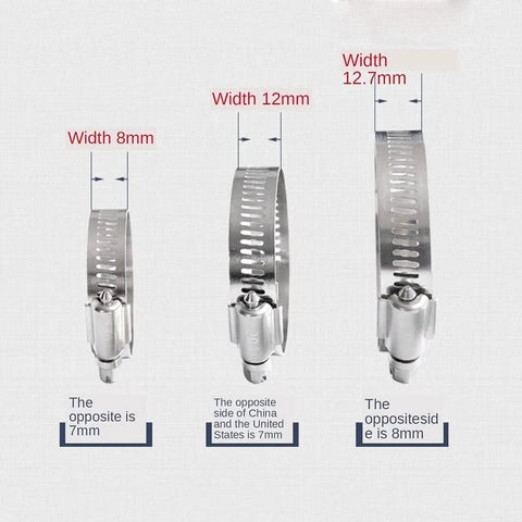 10 Pcs 304 Stainless Steel Adjustable Hose Clamps Set For Automotive And Industrial Use shown in various widths.