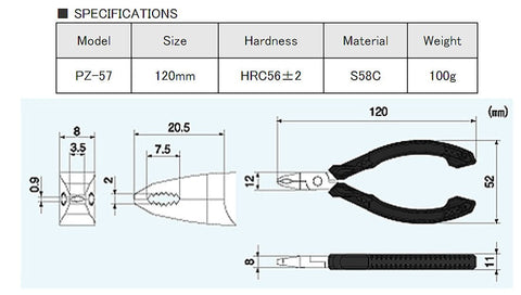 Diagram of No Nonsense Screw Extractor Pliers PZ-57 with measurements and material specifications, Japanese carbon steel.