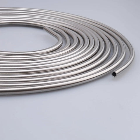 Coiled 1/4-inch stainless steel brake line, 16 ft, shiny metal hard tubing.