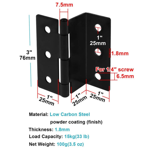 Diagram showing Six Pack GBGS Half Surface Chest Hinges In Black For 1 Inch Thick Doors, 3 Inch High Offset Hinges dimensions.