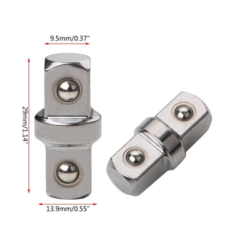 Front view of two chrome socket sleeve adapters, 3/8 inch, double-headed hex and outer-square connector for wrench extension