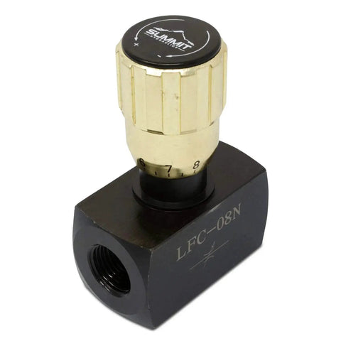High Flow Hydraulic Needle Valve For Precise Flow Control And Shut Off In Either Direction With Half Inch NPT Ports Summit Hydraulics Zinc Knob Adjustment Carbon Steel Black Oxide Finish Handles Up To 5000 PSI And 22.5 GPM