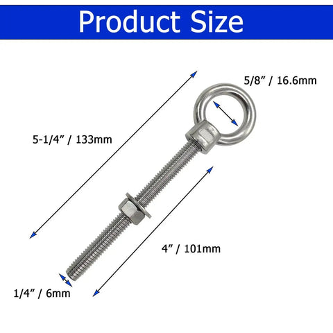 Beefy 1/4 Inch By 4 Inch Heavy Duty Eye Bolts Made From Marine Grade 304 Stainless Steel With Threaded Shoulder, Washers And Nuts