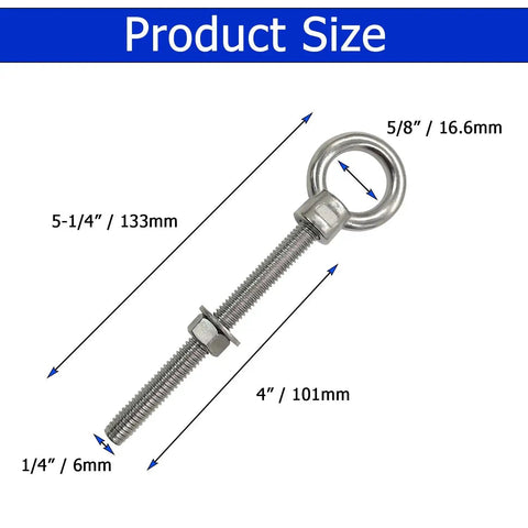 Heavy Duty Marine Grade Eyebolts One Quarter Inch By Four Inch Threaded Shoulder Eyebolts In 304 Stainless Steel With Washers And Nuts