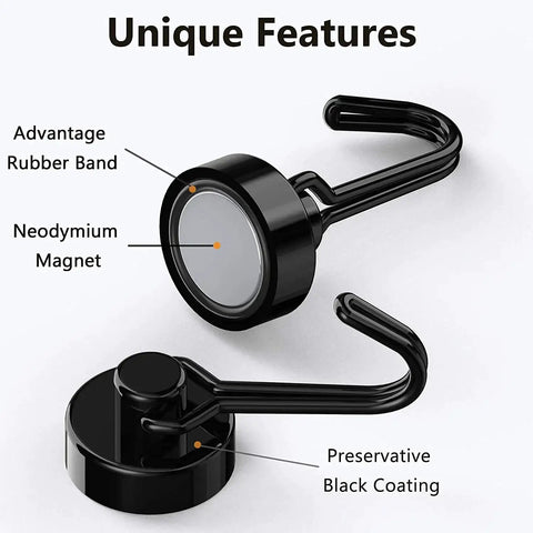 Heavy Duty Magnetic Hooks Neodymium Magnets 30Lbs Strength Rust Proof with rubber band and black coating for fridge and oven use