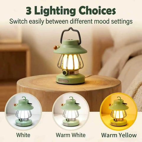 Kid Friendly Motion Sensor Headlamp And Rechargeable Camping Lantern Set with three light modes displayed on a wooden table
