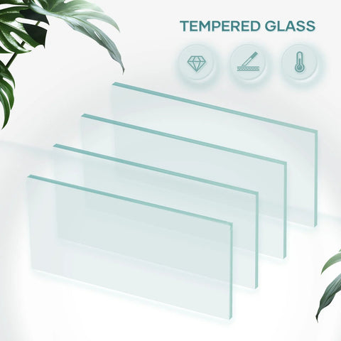 Four panels of tempered glass showing durability and insulation icons, surrounded by leaves.