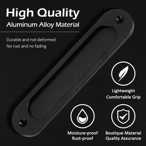 2 Pack Matte Black Flush Pull Barn Door Handles 6 Inch Round Corner Rectangular Flat Plate Recessed Sliding Pocket Door Hardware Aluminum Finger Pull for Closets Cabinets Drawers Wardrobes and Interior Doors, highlighting high-quality aluminum alloy material.