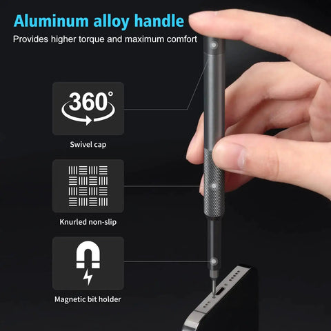Hand using Dope Micro Screwdriver Set 50 In 1 Precision Kit with S2 steel bits on a device, highlighting knurled grip and swivel cap.