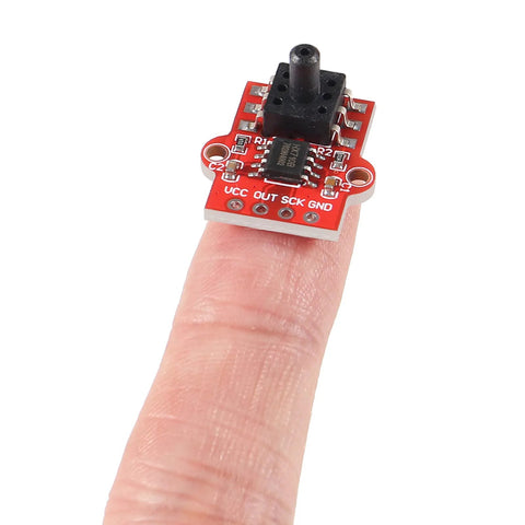 Red DWEII air pressure sensor module board, 3.3–5V digital output, VCC OUT SCK GND pins, fingertip size