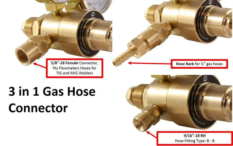 Close-up of Industrial Argon Regulator And Flowmeter For MIG And TIG Welders With connectors, three outlet options labeled.
