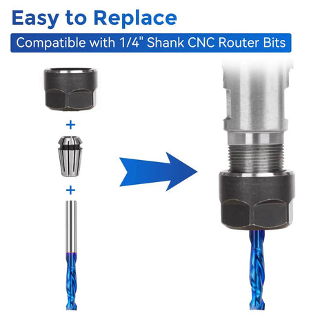 Two Pack Up Down Spiral Router Bits With One Quarter Inch Shank And One Quarter Inch Cutting Diameter Nano Blue Coated Solid Carbide CNC End Mills shown with CNC collet