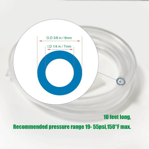 PVC clear vinyl tubing, 1/4 in ID x 3/8 in OD, 10 ft, coiled; diagram shows ID and OD dims.