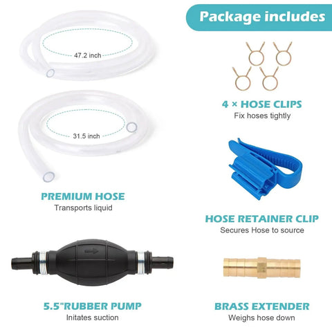 Package contents of Manual Gas Siphon Pump For Water And Fuel Transfer With Two 15mm PVC Hoses showing hoses, clips, pump, and extender.